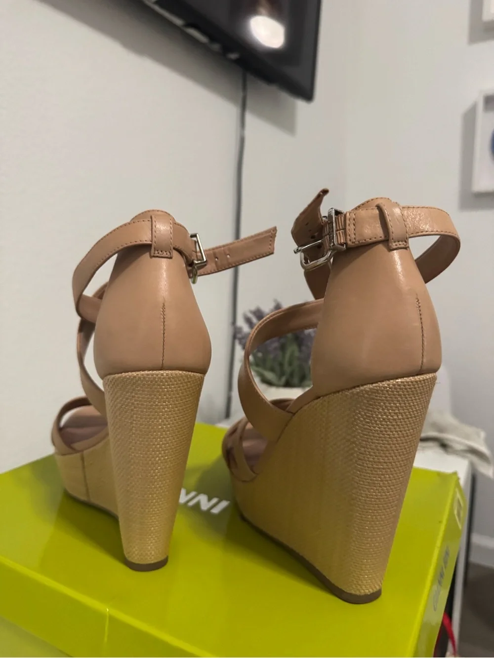 Gianni Bini Nude/Tan Strappy Block Heel Sandals with Ankle Strap